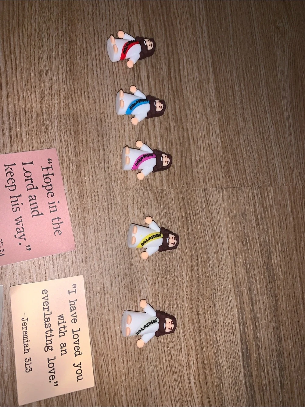 Faith based lot- 5 Jesus figures, 8 stickers, keychain, pen, oil and bookmark